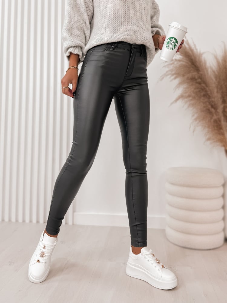 SPODNIE SKÓRKOWE GŁADKIE Z WYSOKIM STANEM GRAFITOWE