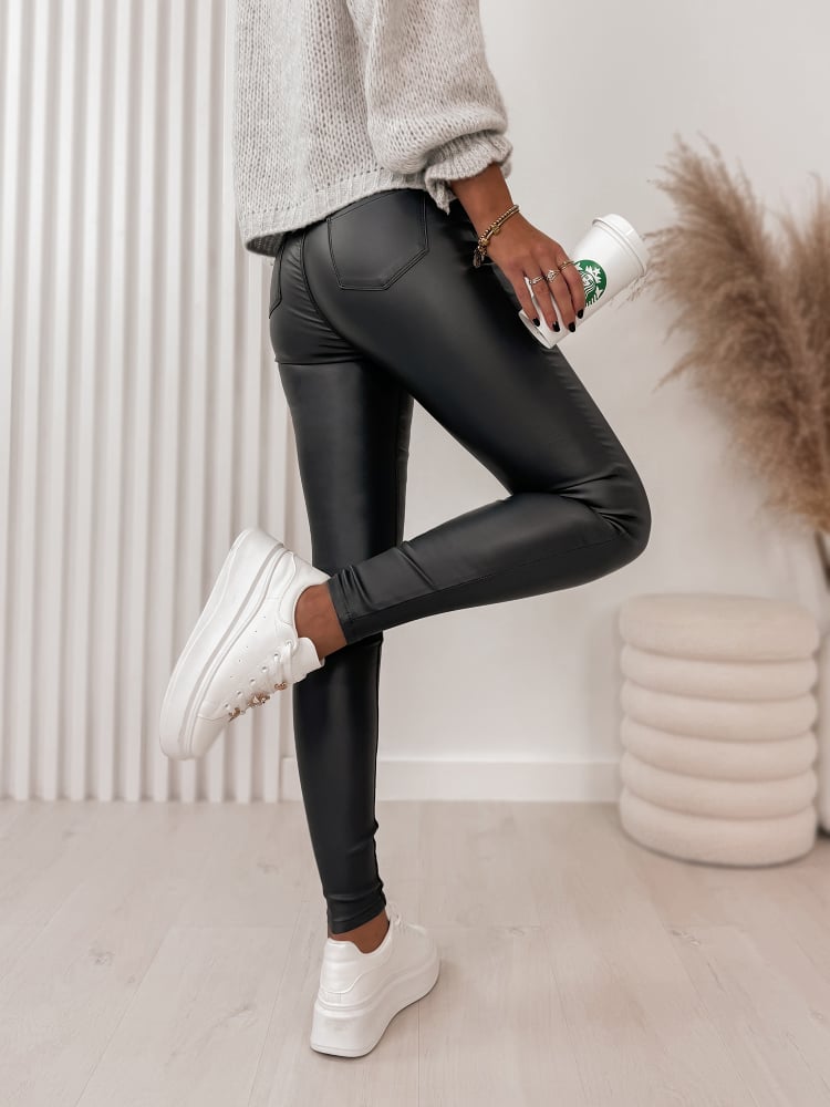 SPODNIE SKÓRKOWE GŁADKIE Z WYSOKIM STANEM GRAFITOWE