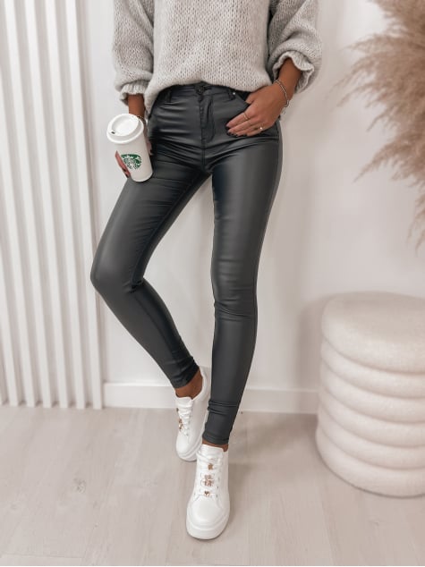 SPODNIE SKÓRKOWE GŁADKIE Z WYSOKIM STANEM GRAFITOWE