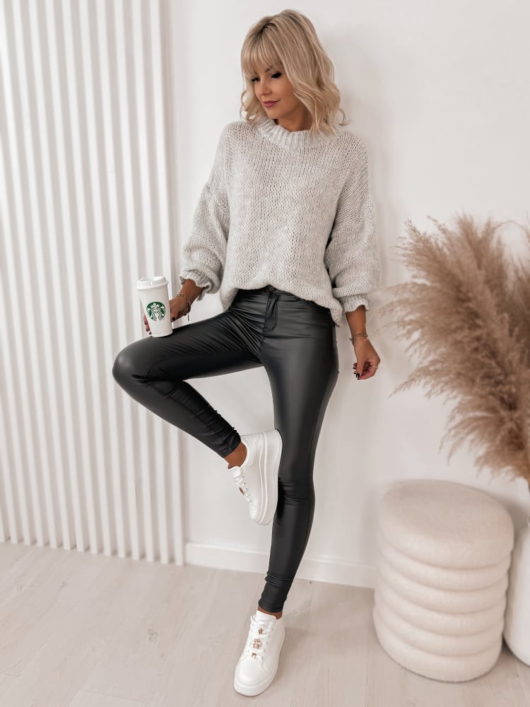 SPODNIE SKÓRKOWE GŁADKIE Z WYSOKIM STANEM GRAFITOWE