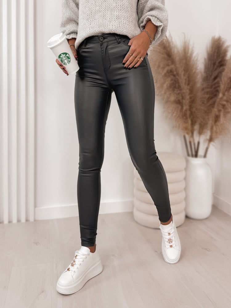 SPODNIE SKÓRKOWE GŁADKIE Z WYSOKIM STANEM GRAFITOWE