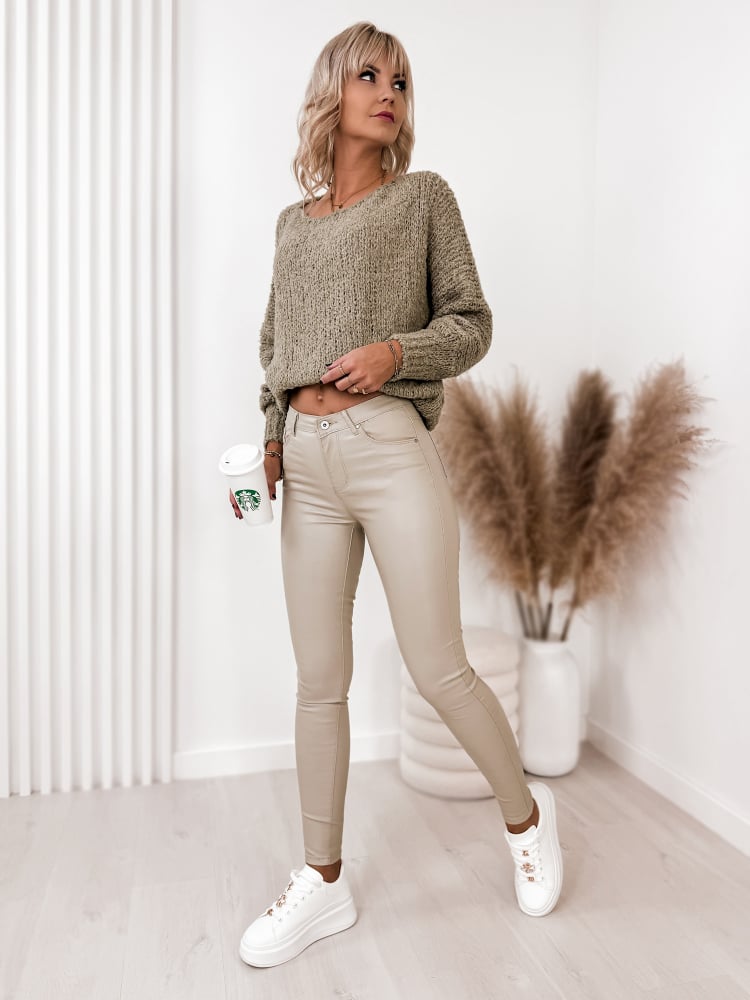 SPODNIE SKÓRKOWE GŁADKIE Z WYSOKIM STANEM BEŻOWE