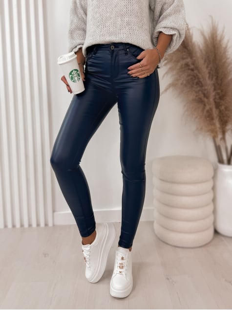 SPODNIE SKÓRKOWE GŁADKIE Z WYSOKIM STANEM GRANATOWE